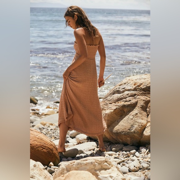 Free People Beach Amelia Halter Midi Dress Tuscany Tan Beige Women’s S Summer - Picture 2 of 12